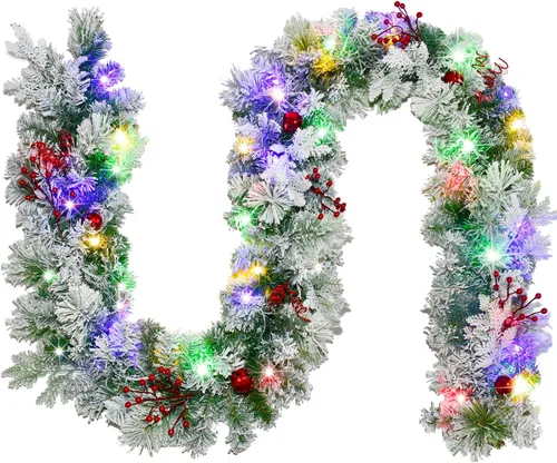 Vista 10 de HOYECHI - Juego de 2 guirnaldas navideñas preiluminadas - 2.7 m cada una con 50 luces LED y bayas rojas, alimentadas por baterías con 8 modos