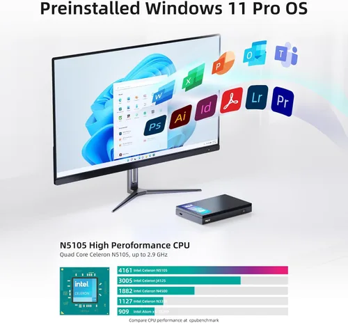 Vista 3 de MeLE Quieter3Q Mini PC Celeron N5105 - Computadora de escritorio pequeña sin ventilador 8G LPDDR4 128G ROM Micro factor de forma PC compatible