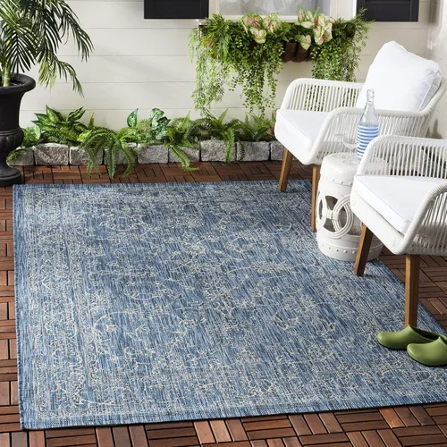 Vista 27 de SAFAVIEH Alfombra lavable al aire libre, colección Courtyard - 2'3" x 5', azul aguamarina y gris, no desprende pelusa y fácil limpieza, ideal