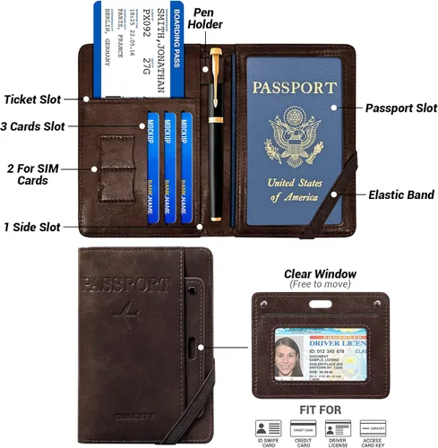 Vista 3 de YINHEXI Funda para pasaporte y funda para tarjeta de vacunación, funda para pasaporte con bloqueo RFID de cuero para mujeres y hombres, organizador