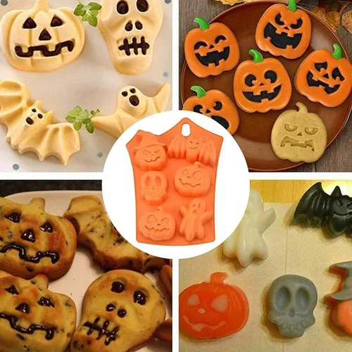 Vista 7 de Molde de silicona para chocolate con temática de Halloween, calabaza, murciélago, calavera, fantasma, molde para caramelos, 2 unidades de 12