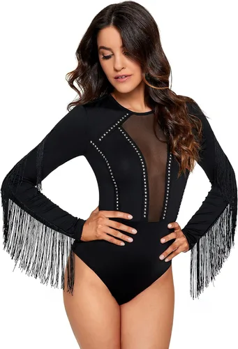 Vista 4 de SweatyRocks Body de malla transparente de manga larga con flecos y hombros descubiertos para mujer