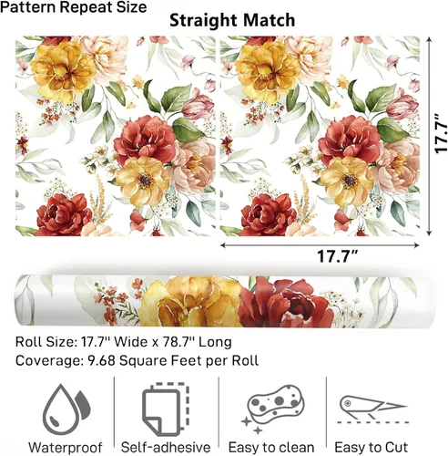 Vista 9 de VaryPaper Papel tapiz floral vintage para despegar y pegar, 17.7 x 78.7 pulgadas, papel tapiz de peonía de acuarela, papel de contacto floral, papel