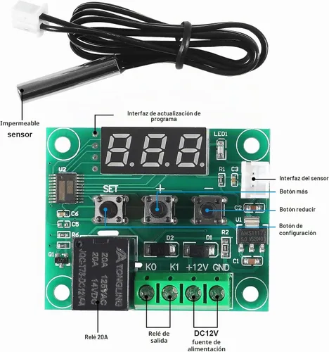 Vista 2 de W1209 DC 12V Tablero de controlador de temperatura digital azul pantalla digital termostato -58.0-230.0 °F Interruptor electrónico de control