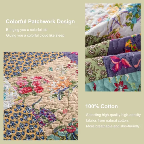 Vista 3 de YAYIDAY FloralQuiltXX 100% Cotton Reversible Breathable Colorful Floral Quilted Quilt with Pillow Shams Fit All Seasons