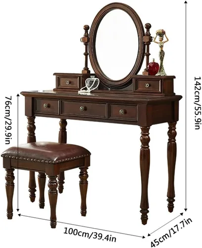 Vista 3 de Vintage Vanity Desk with Adjustable Angle Mirror, 39.4 in Wooden Makeup Dressing Table Set for Bedroom with 5 Drawers, Cushioned Stool