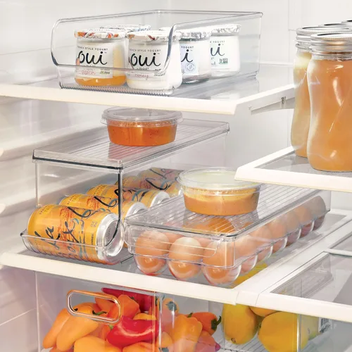 Vista 5 de iDesign - Soporte para huevos de plástico transparente para refrigerador con tapa, contenedor de almacenamiento de 21 huevos