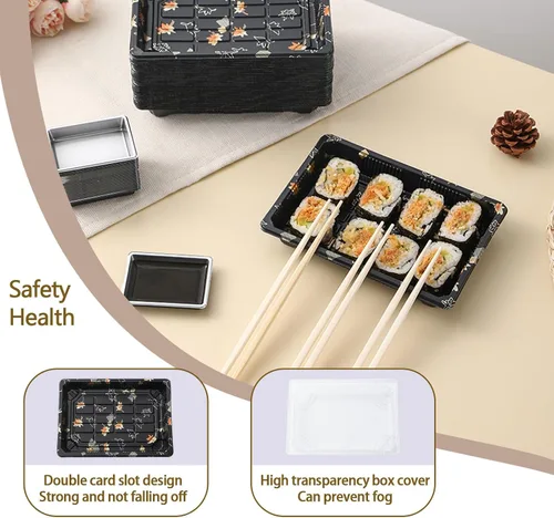 Vista 3 de Juego de vajilla desechable para 50 bandejas recipientes de sushi con tapas de 7.3 x 5.1 pulgadas, cajas desechables para sushi para llevar, 50