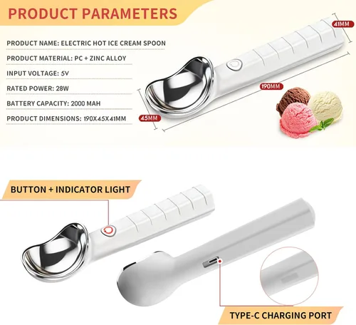 Vista 2 de Cuchara de helado calentada USB recargable eléctrica Cuchara de helado de 2000 mAh batería calienta a 158 °F para helado duro Ip67 impermeable
