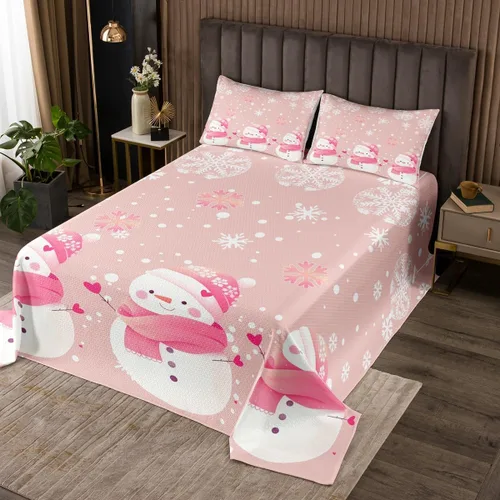 Vista 4 de Manfei Colcha de muñeco de nieve de Navidad, tamaño King, colcha acolchada con 2 fundas de almohada, juego de colcha rosa de Navidad de 3 piezas
