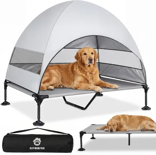 Vista 10 de Cama elevada para perros con toldo a prueba de rayos UV, tienda de campaña para perros al aire libre con potentes pies ajustables, cuna portátil