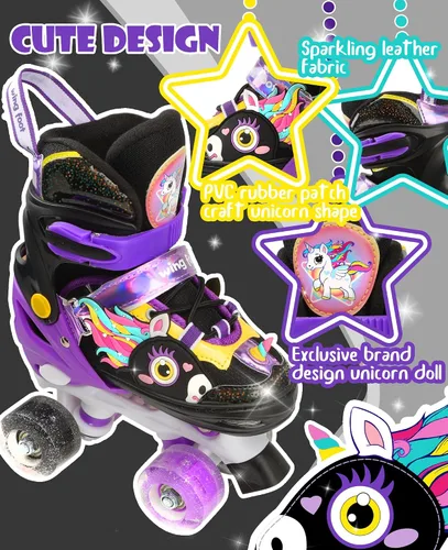Vista 3 de Dino - Patines de ruedas para niños y niñas, WESKIFAN Dinosaur Quad Skating Shoes con ruedas brillantes y tamaños ajustables para principiantes