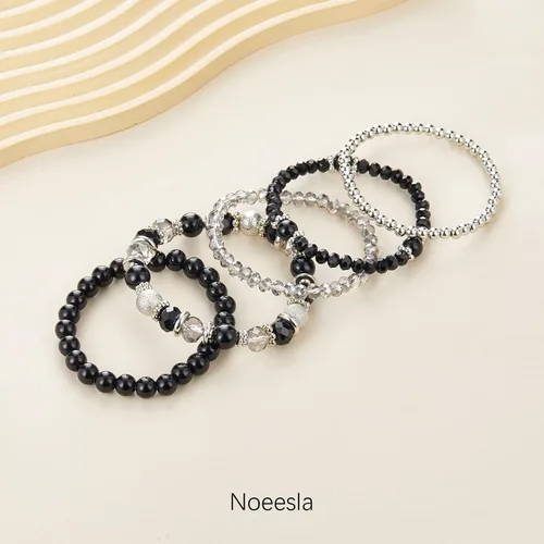 Vista 2 de Noessla Pulsera elástica de perlas con cuentas de plata, apilables, pulseras de cuentas de cristal, joyería de moda, regalo para el día de la madre