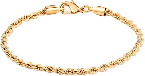 Vista 6 de Barzel Pulsera de cadena de cuerda chapada en oro de 18 quilates, fabricada en Brasil 3MM