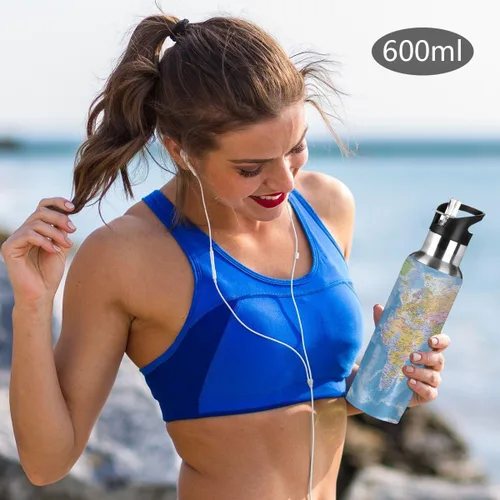 Vista 6 de AUUXVA Globe World Map - Botella de agua de acero inoxidable aislada al vacío, botella de agua para niños con popote y asa para mantener el calor