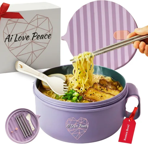Vista 23 de Tazón de ramen para microondas de 40 onzas, olla de ramen con tapa, regalo de dormitorio universitario, color beige BPA Free
