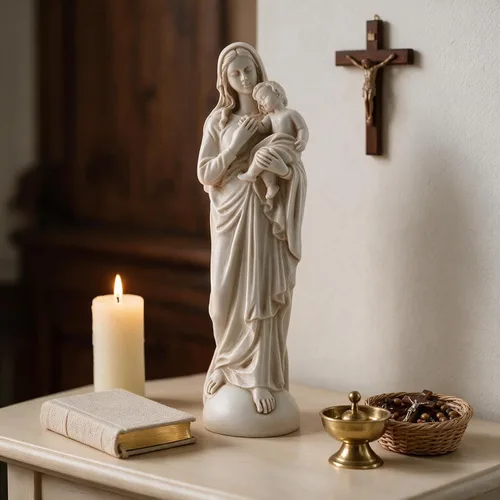 Vista 4 de Madonna & Child - Estatua blanca antigua de 8 pulgadas, hecha a mano, figura italiana de Virgen María y Jesús bebé para decoración del altar