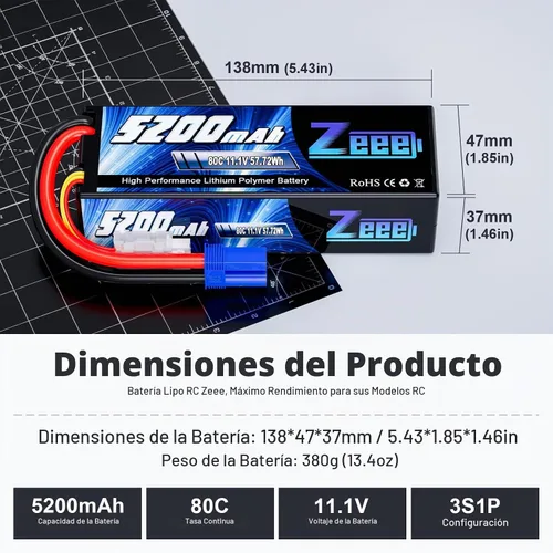 Vista 2 de Zeee Batería Lipo de 11.1V 80C 5200mAh 3S con conector EC5 (2 paquetes)