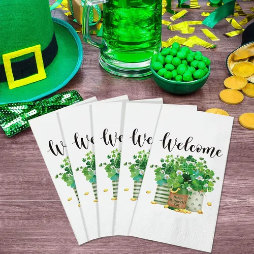 Vista 5 de Outus 100 servilletas del día de San Patricio, tréboles de bienvenida, toallas de papel para invitados, toallas de mano verdes, tréboles