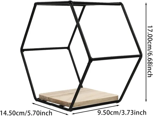 Vista 3 de Happyyami Estante de almacenamiento hexagonal de hierro negro montado en la pared, estante flotante decorativo para plantas suculentas y libros