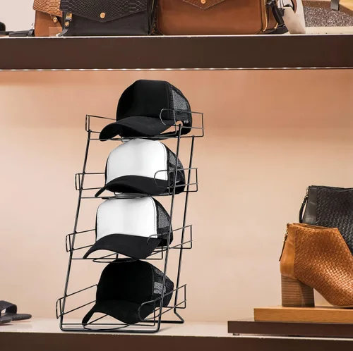 Vista 6 de Zonon Soporte de exhibición de sombreros de 4 niveles de alambre para encimera, estante de exhibición de sombreros de béisbol boutique para Negro