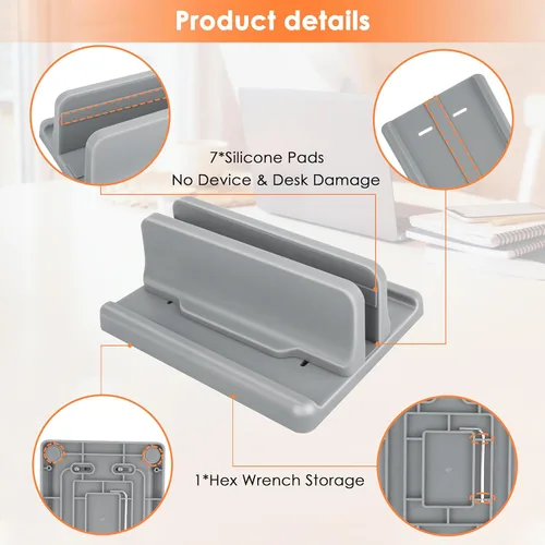 Vista 5 de Soporte vertical para laptop, plástico ABS, base ajustable de hasta 15 pulgadas, ahorro de espacio para MacBook/Surface/iPad/mini PC (gris espacial)