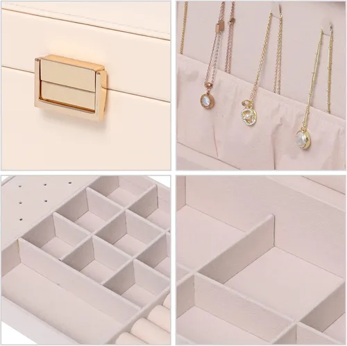 Vista 4 de DECOR4SEASON Joyero organizador de piel sintética con 2 capas de almacenamiento y bandeja extraíble para collares, aretes, anillos, pulseras