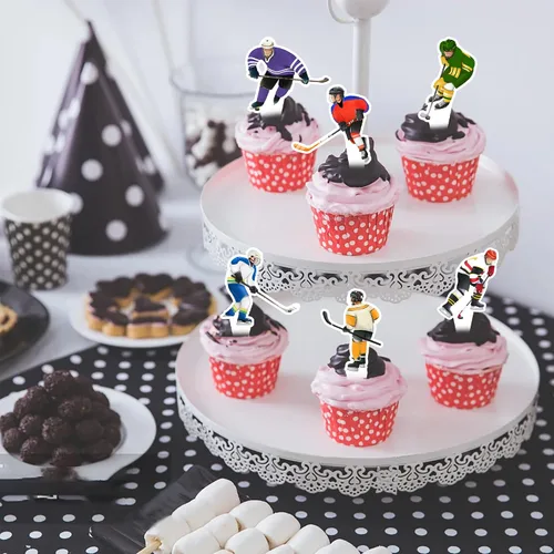 Vista 5 de 48 piezas de decoración de cupcakes de hockey para jugador de hockey sobre hielo para fiestas temáticas de hockey sobre hielo, fiestas temáticas