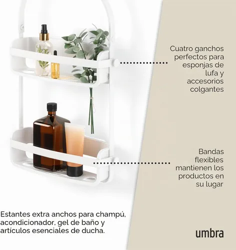 Vista 5 de Umbra Flex soporte para baño Bandas de silicona flexibles, sistema de drenaje, resistente al molde, collares de botella, montaje superior Blanco