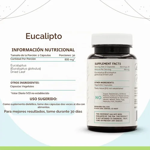 Vista 2 de HerbEra Eucalipto 60 Cápsulas, 400 mg, Eucalyptus Globulus Hoja Seca (60 Cápsulas)