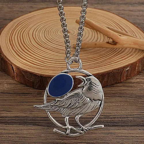 Vista 3 de Zeshimb Collar de pájaro con piedras preciosas de plata, cadena de cuervo, collar con colgante de cuervo de cristal azul, collar de clavícula