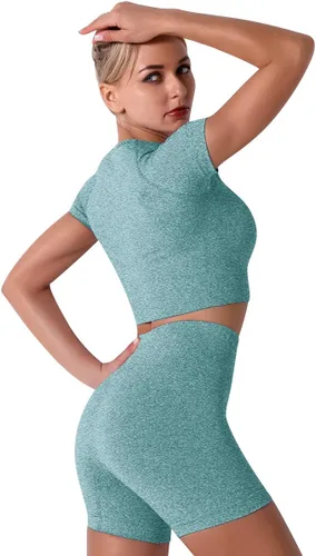 Vista 2 de Conjuntos de 2 piezas sin costuras para yoga y entrenamiento - con ombliguera de manga corta y pantalones cortos de tiro alto para correr