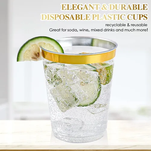 Vista 4 de FOCUSLINE Vasos de plástico dorado de 10 onzas, vasos desechables de plástico duro transparente, borde dorado, resistentes, reutilizables, 100