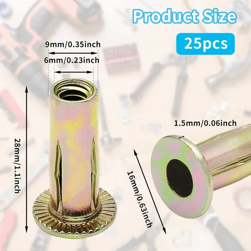 Vista 2 de 25 piezas de tuercas de remache de agarre múltiple de acero con vástago precurvado y acabado de zinc, tuercas de inserción roscadas de cabeza plana
