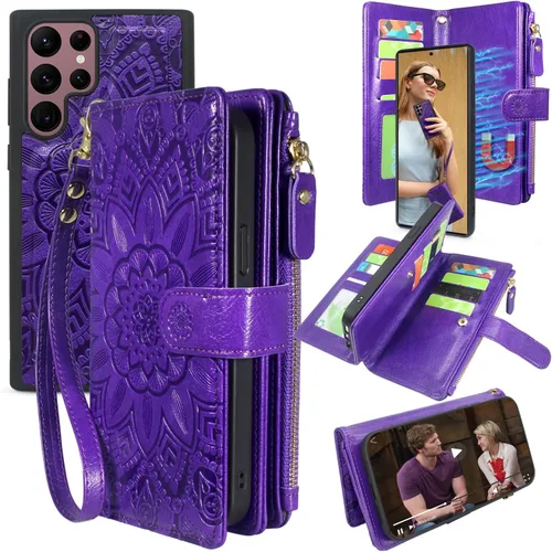 Vista 10 de Harryshell Funda de cuero desmontable con cremallera magnética con bolsillo para monedas, 12 ranuras para tarjetas, correa de muñeca para Samsung