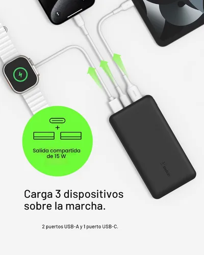 Vista 5 de Belkin Cargador Portátil, Batería Externa USB-C 20000 mAh con 2 Puertos USB-A, 15W con Cable Tipo-A a Tipo-C - iPhone 17, Air, Pro, Pro Max