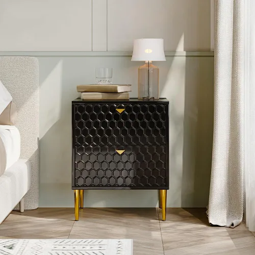 Vista 6 de Mesita de noche con 2 cajones, moderna mesita de noche con pomos de latón para sala de estar, dormitorio (negro)