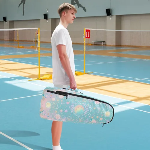 Vista 8 de Mochila de pelota de raqueta de tenis, linda y resistente, color azul y rosa, para astrología, pickleball, bolsa de gimnasio para hombres y mujeres