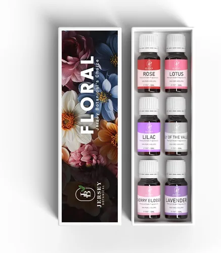 Vista 3 de Set de regalo floral 6 aceites aromáticos de 0.3 fl oz para velas, jabón, limo, difusores de aceites esenciales – rosa, loto, lila, lirio del valle