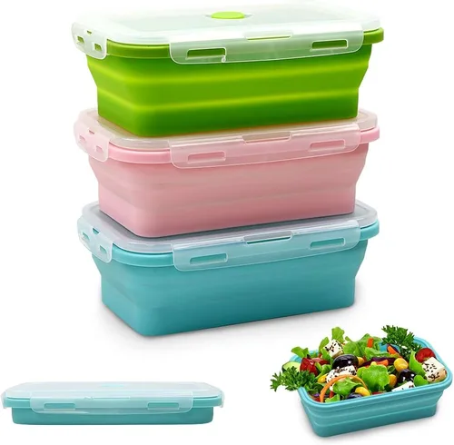 Vista 9 de Alimat PluS 11.8oz Juego de 3 Contenedores de Almacenamiento de Alimentos de Silicona Plegables con Tapas, Tamaño Pequeño, 350ml Contenedores