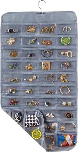 Vista 7 de Organizador colgante de doble cara para joyas, soporte para herramientas pequeñas con 80 bolsillos transparentes (negro)