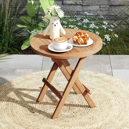 Vista 2 de RELAX4LIFE Mesa auxiliar plegable para exteriores, juego de 2 mesas auxiliares de madera de teca, mesa redonda de café bistró con mesa de listones