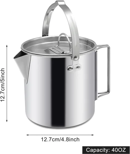 Vista 3 de Hervidor de té para camping, cafetera portátil de 1.2 L, olla de campamento al aire libre, con asas y con tapas para camping, senderismo, picnic