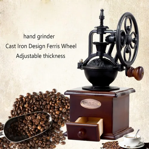 Vista 6 de Molinillo de café manual de la mano del estilo de la vendimia, molinillo de café manual con la manija, molino de rodillos Portable Manual Conical