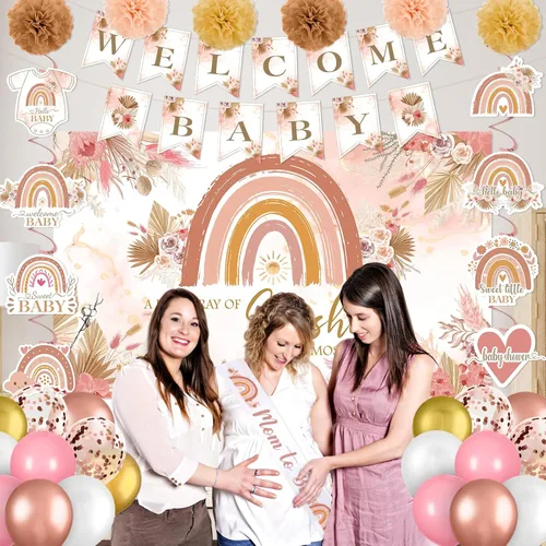 Vista 5 de Decoraciones de baby shower estilo bohemio rosa para niña, A Little Ray of Sunshine is Almost Here Boho Rainbow Welcome Baby Banner telón de fondo