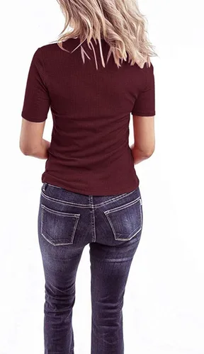 Vista 3 de MEROKEETY Camisetas básicas de manga corta con cuello en V y botones acanalados para mujer