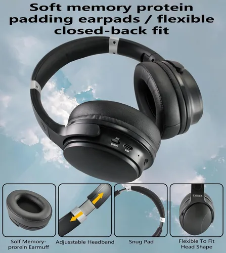Vista 6 de EXMAX H5 Auriculares Bluetooth sobre la oreja ANC estéreo de alta fidelidad inalámbricos/con cable + micrófono plegables cómodos orejeras