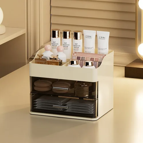 Vista 3 de Organizador de maquillaje para tocador, organizador de tocador con 2 cajones, organizadores de maquillaje y cuidado de la piel, vitrina de Crema