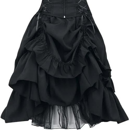 Vista 3 de anuyalue Disfraz de feria renacentista para mujer, vestido de encaje sin mangas, falda alta y baja, vestido gótico de Halloween para fiesta