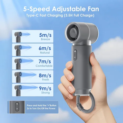 Vista 4 de Miniventilador portátil de mano, diseño de bolsillo pequeño personal, potente motor Trubo de 19500 RPM, tiempo de enfriamiento máximo de 10 horas